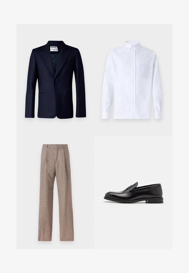 Paul & Joe ULEO - Sakko - marine; Weißes Langarm-Hemd mit Knöpfen aus Baumwolle, ausgestattet mit einer Brusttasche mit tonalem Stickerei, einem Kragen und Knopfmanschetten.; Braune, hochtaillierte Hose aus strukturiertem Stoff. Mit weitem Bein und zwei vorderen Bügelfalten für zusätzliche Form. Saubere Verarbeitung ohne sichtbare Hardware.; Schwarze Lederloafers mit glatter Textur, rundem Zehenbereich und einem dekorativen Riemen über dem Vorderfuß. Niedriger, gestapelter Absatz, minimalistisches Design.