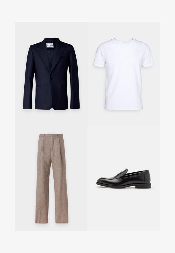 Paul & Joe ULEO - Veste de costume - marine; T-shirt blanc à manches courtes en tissu de coton avec un col rond. Design simple sans motifs ni accents. Texture lisse.; Pantalons marron taille haute en tissu texturé. Présente des jambes larges et deux plis avant pour la structure. Finition soignée sans matériel visible.; Mocassins en cuir noir avec une texture lisse, bout rond et une sangle décorative sur le dessus. Talon bas empilé, design minimaliste.