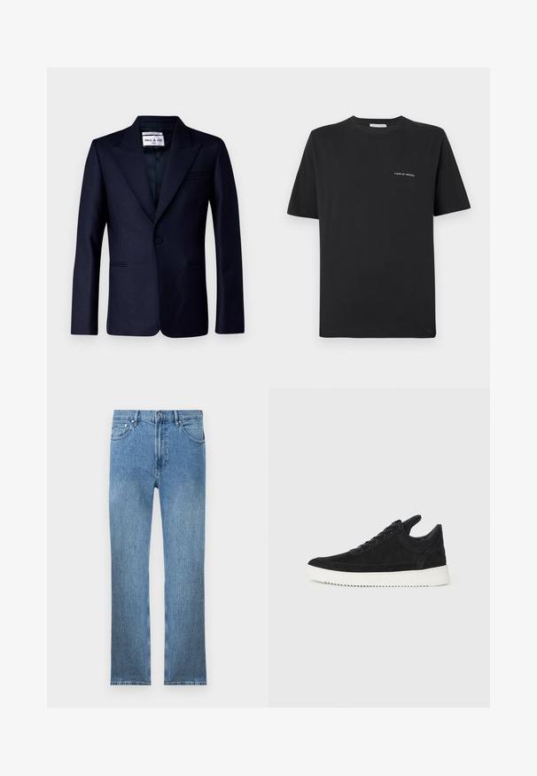 Paul & Joe ULEO - Americana - marine; Camiseta de algodón negra con cuello redondo, mangas cortas y un pequeño logo blanco "TIGER OF SWEDEN" en el pecho. Corte clásico.; Vaqueros de mezclilla azul claro con corte recto, cinco bolsillos, cierre con cremallera y costuras en contraste. La tela tiene un acabado liso y texturizado.; Zapatilla de ante negra con suela de goma blanca, que presenta costuras en el mismo tono y un diseño de cordones. Textura suave con una forma moderna y aerodinámica.