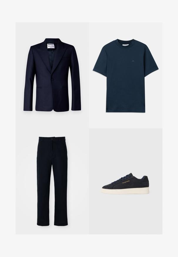 Paul & Joe ULEO - Giacca - marine; T-shirt in cotone blu navy con collo a giro, maniche corte e un logo sottile stampato sul petto. Texture liscia e vestibilità classica.; Pantaloni color blu navy in cotone, con design a gamba dritta, chiusura con bottone frontale e vita classica con passanti per cintura.; Sneaker bassa in suede blu navy con suola bianca, lacci blu navy e logo "Filling Pieces" in oro sul lato.