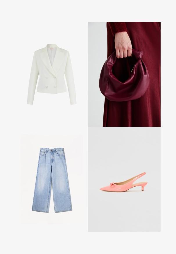 Valkoinen kaksirivinen bleiseri, jossa on viistetyt läpät, kaksi pyöreää nappia, pitkät hihat ja sileä pinta. Klassinen räätälöity muotoilu.; Valkoinen, teksturoitu lyhythihainen paita, jossa on pyöreä kaula-aukko ja raglan-hihat, sisältäen hienovaraisen aaltoilun kuvion ja kevyen materiaalin.; Bershka WIDE-LEG - Leveälahkeiset - light-blue denim; Vaaleanpunaiset patenttinateen slingback-kengät, joissa on teräväksi muotoiltu kärki, koristelutieto edessä ja matala kissankorko.; Burgundy-nahkakäsilaukku, jossa on pehmeä, ryppyinen muotoilu ja pyöreä muoto. Kahva on kiinnitetty tukevasti, ja siinä on sileä pinta.