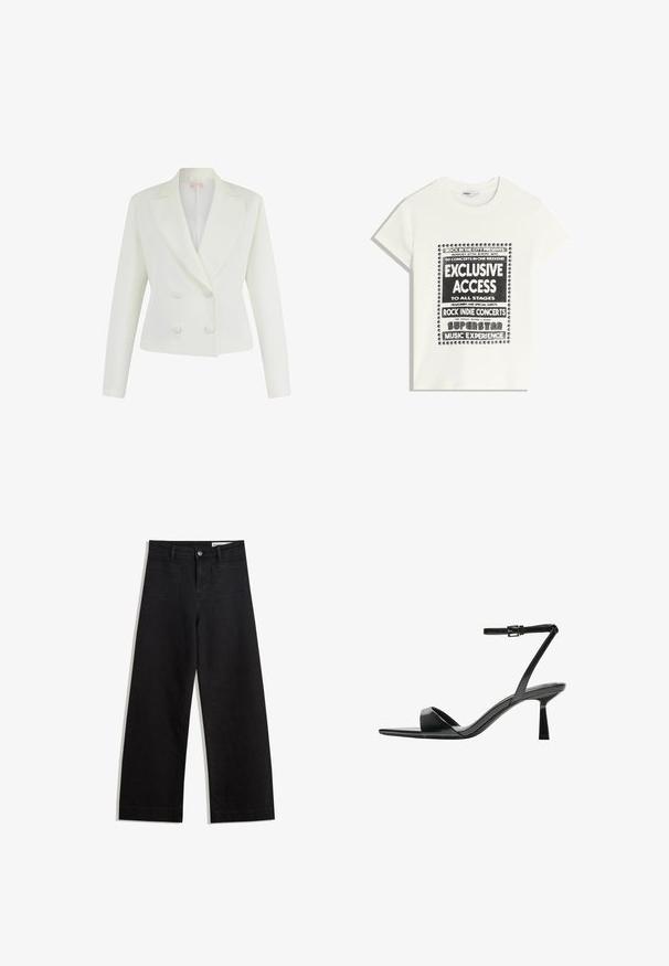 Blazer bianco doppiopetto con rever a punta, due bottoni rotondi, maniche lunghe e una texture liscia. Design classico e sartoriale.; Maglietta bianca con testo nero che promuove un evento musicale, con le scritte "Accesso Esclusivo", "Concerti Rock Indie" e "Esperienza Musicale da Superstar".; Pantaloni in denim neri a gamba larga con vita alta, dotati di tasche anteriori e posteriori, cuciture a punto, e chiusura con bottone. Texture liscia.; Bershka Sandali con tacco - black