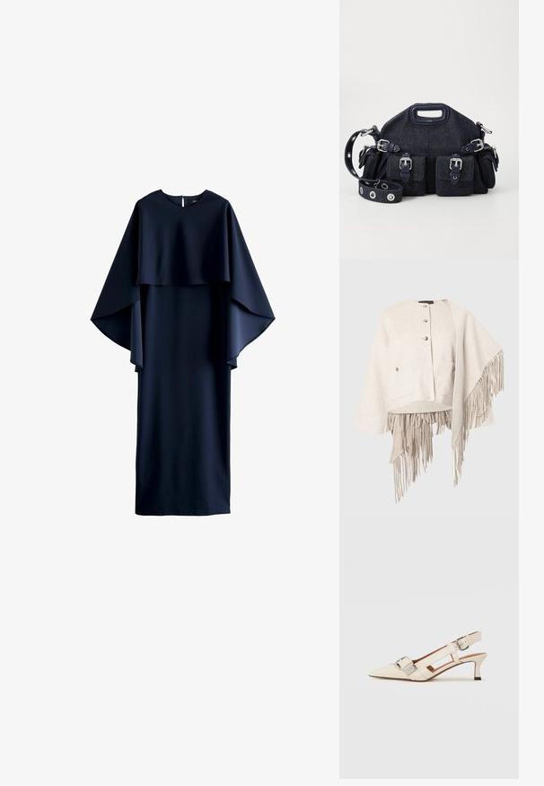 Giacca in misto lana di un beige chiaro con scollo arrotondato, chiusura a bottoni, due tasche frontali e orlo asimmetrico con lunghe frange.; Abito blu navy con una vestibilità comoda, caratterizzato da un design a strati con cappotto, scollatura rotonda e maniche lunghe, realizzato in tessuto morbido.; Scarpa slingback bianca in pelle con punta affusolata, tacco basso e cinturino regolabile con una grande fibbia in argento ben in evidenza.; Borsa in denim blu scuro dalla forma arrotondata, con molteplici tasche esterne, tracolla regolabile e dettagli in metallo argentato. Include una maniglia superiore.