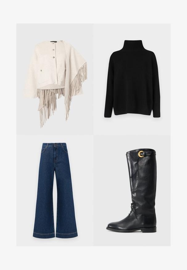 Uldblandingsjakke i lys beige med rund halsudskæring, knaplukning, to forlommer og asymmetrisk kant med lange frynser.; Sort strikket sweater med høj ribstrikket krave, sænkede skuldre og en afslappet pasform. Har ribstrikkede manchetter og kant for struktur.; Bredde ben blå denim jeans med høj talje, der har knaplukning, bæltestropper og diskrete syninger langs lommerne og kanterne.; Sort læder knæhøj støvle med rund tå, snørebånd foran, sidelænde detaljer og en guld spændeaccents øverst. Glat tekstur.