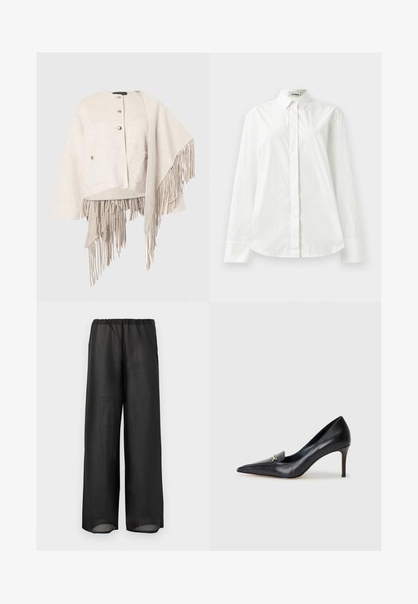 Wool blend jacket in light beige with a rounded neckline, button closure, two front pockets, and asymmetric hem featuring long fringing.; White cotton long-sleeve shirt with a pointed collar, button-front closure, and rounded hem. Smooth texture, regular fit, and no patterns.; Black sleeveless top made from soft cotton. Features a round neckline and standard hem. Simple design, no visible patterns or accents.; Black wide-leg pants made of lightweight, semi-sheer fabric with an elastic waistband. The design features a flowing and relaxed silhouette.; Black leather pump with a pointed toe, low-cut vamp, and a decorative gold accent. Features a stiletto heel and smooth texture.