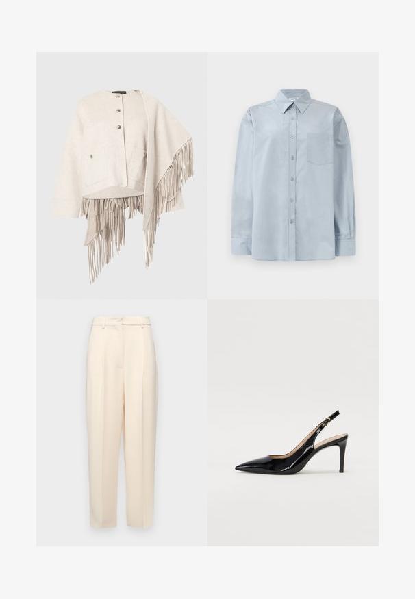 Chaqueta de mezcla de lana en beige claro con escote redondeado, cierre de botones, dos bolsillos delanteros y dobladillo asimétrico con largos flecos.; Camisa de botonada de manga larga azul claro con cuello puntiagudo y bolsillo en el pecho, dispuesta plana sobre un fondo blanco.; Pantalones de tela en beige, con un corte recto, que presentan pliegues en la parte delantera, una textura suave y una cintura de altura media. Sin bolsillos visibles.; Zapatos de charol negro con tirante al tobillo, punta afilada, tacón delgado y un diseño de corte sutil. Presenta una hebilla dorada en la correa.