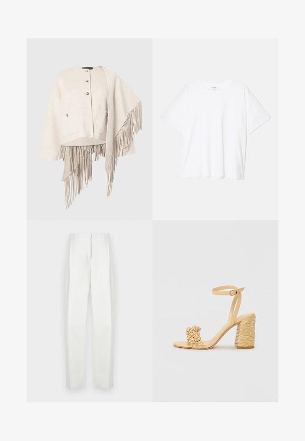 Béžová bunda s podílem vlny, kulatým výstřihem, zapínáním na knoflíky, dvěma předními kapsami a asymetrickým lemem s dlouhým třepením.; Bílý bavlněný tričko s krátkým rukávem, kulatým výstřihem, volným střihem a šitým lemem. Nálepka viditelná na vnitřní straně výstřihu.; Paul Smith Kalhoty - white; Beige sandálky na vysokém podpatku s pletenou texturou, vyznačující se ozdobnou květinou a náramkem kolem kotníku. Čtvercová pata zajišťuje stabilitu.