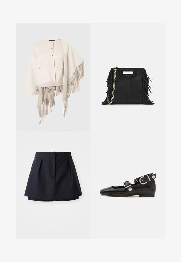 Kurtka z mieszanki wełny w jasnym beżu, z zaokrąglonym dekoltem, zapięciem na guziki, dwiema przednimi kieszeniami oraz asymetrycznym dołem z długimi frędzlami.; Granatowa polo z prążkowanej tkaniny, z kołnierzykiem w kształcie klapy, krótkimi rękawami i dwoma przednimi kieszeniami zapinanymi na napy; wyróżniająca się białymi przeszyciami.; Granatowe szorty z plisami o wysokim stanie, wykonane z gładkiej tkaniny. Charakteryzują się dopasowanym krojem i ukrytą przednią kieszenią.; Czarne lakierowane baleriny z kwadratowym noskiem, z paskiem na kostkę z metalowymi elementami w kolorze srebrnym oraz płaską podeszwą. Gładka textura i minimalistyczny design.; Czarna skórzana torebka na ramię z frędzlami, złotym łańcuszkiem oraz wyciętym uchwytem. Posiada umieszczone na przodzie logo.