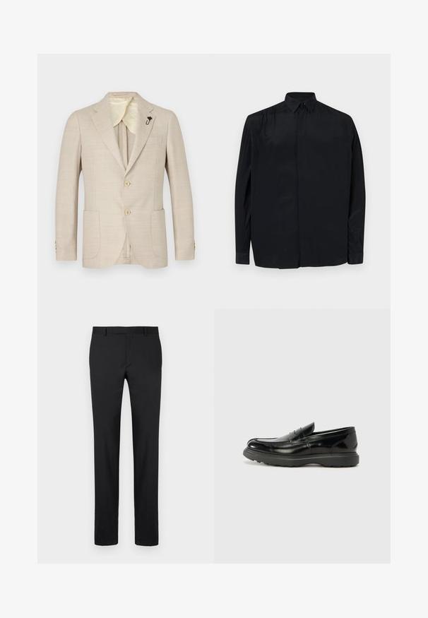 Blazer beige de tejido texturizado, con un cierre delantero de dos botones, solapas en pico, un bolsillo en el pecho y botones en tono dorado, con forro de satén.; Camisa negra de manga larga hecha de tejido suave, con un cuello clásico, tapeta de botones y un corte relajado con mangas abotonadas.; Pantalones negros con un diseño ajustado, patas rectas, presillas estándar para cinturón y textura suave. Sin patrones o herrajes visibles.; Mocasín de cuero negro con un acabado brillante, punta redondeada, detalles de costura sutiles y una suela de goma gruesa para mayor durabilidad.