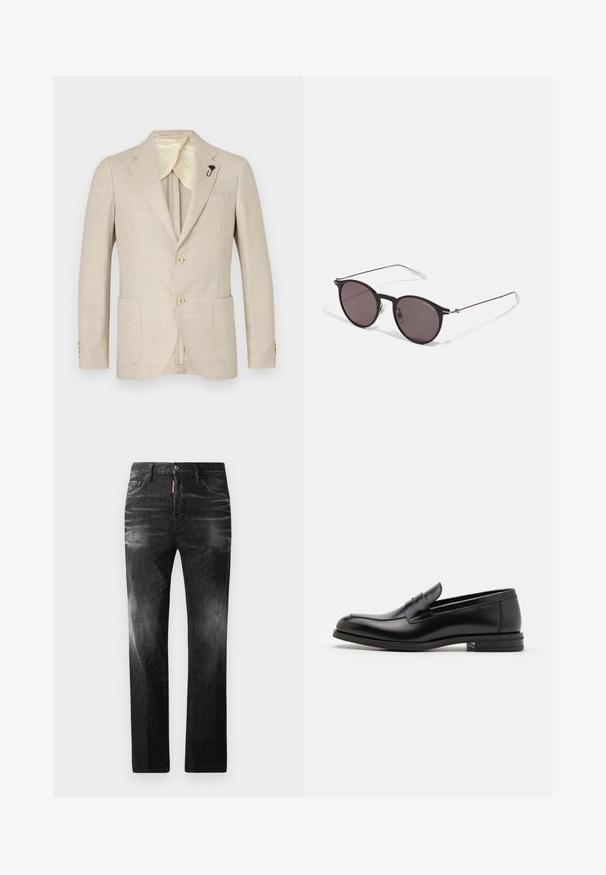 Beige Blazer aus strukturiertem Stoff mit einer Zwei-Knopf-Front, Reverskragen, einer Brusttasche und goldfarbenen Knöpfen sowie Satinfutter.; Schwarzes Baumwoll-T-Shirt mit Rundhalsausschnitt, kurzen Ärmeln und dem "EMPORIO ARMANI"-Logo in Weiß über dem geschwungenen Schriftzug "Milano".; Schwarze Jeans aus Denim mit geradem Schnitt. Verfügt über ausgebleichte Bereiche, leichte Abnutzung, klassisches Fünf-Taschen-Design und einen Knopfverschluss.; Schwarze Lederloafers mit glatter Textur, rundem Zehenbereich und einem dekorativen Riemen über dem Vorderfuß. Niedriger, gestapelter Absatz, minimalistisches Design.; Schwarze runde Sonnenbrille mit dunklen Gläsern und schlanken Metallbügeln. Enthält klare Tempelspitzen und silberne Akzente am Scharnier. Minimalistisches Design.