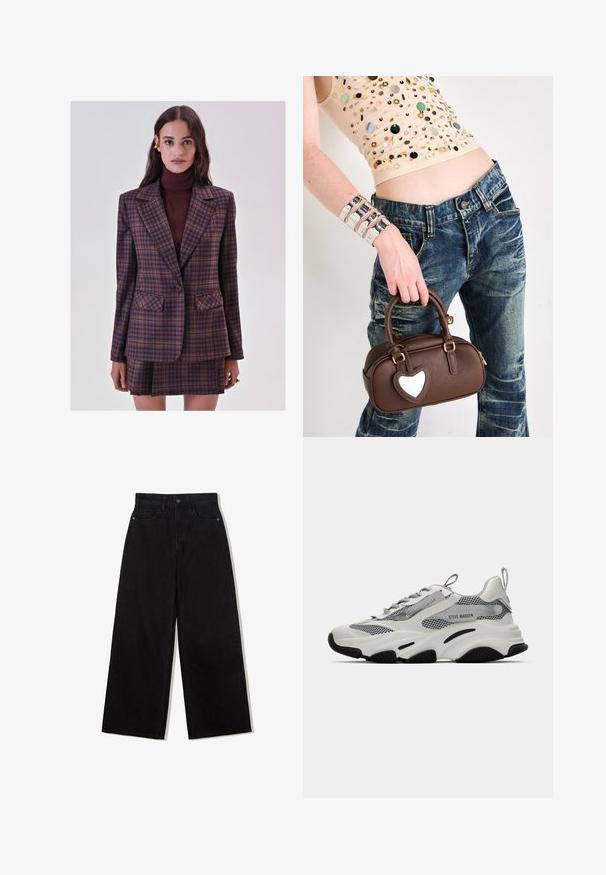 Frau trägt ein lila und braunes Karoblazer und einen passenden Wickelrock mit einem burgunderfarbenen Rollkragenpullover, stehend vor einem schlichten Hintergrund.; Leotard mit Leopardenmuster, Rundhalsausschnitt, ärmelloses Design, weichem Stoff und Druckknopfverschluss im Schritt. Farbpalette umfasst Beige und Schwarz.; Schwarze, weit geschnittene Jeans aus Denim mit hoher Taille, die ein Fünf-Taschen-Design und einen einzelnen Knopfverschluss vorne aufweist.; Weiße Sportsneakers mit Mesh-Elementen, grauen Akzenten und schwarzen Gummisohlen. Verfügt über Schnürsenkel, eine Zuglasche und Markenkennzeichnung.; Braune Ledertasche mit herzförmigem Akzent, abgerundetem Design, goldenen Beschlägen, gehalten von einer Hand; kombiniert mit verwaschenem Denim und einem bestickten Top.