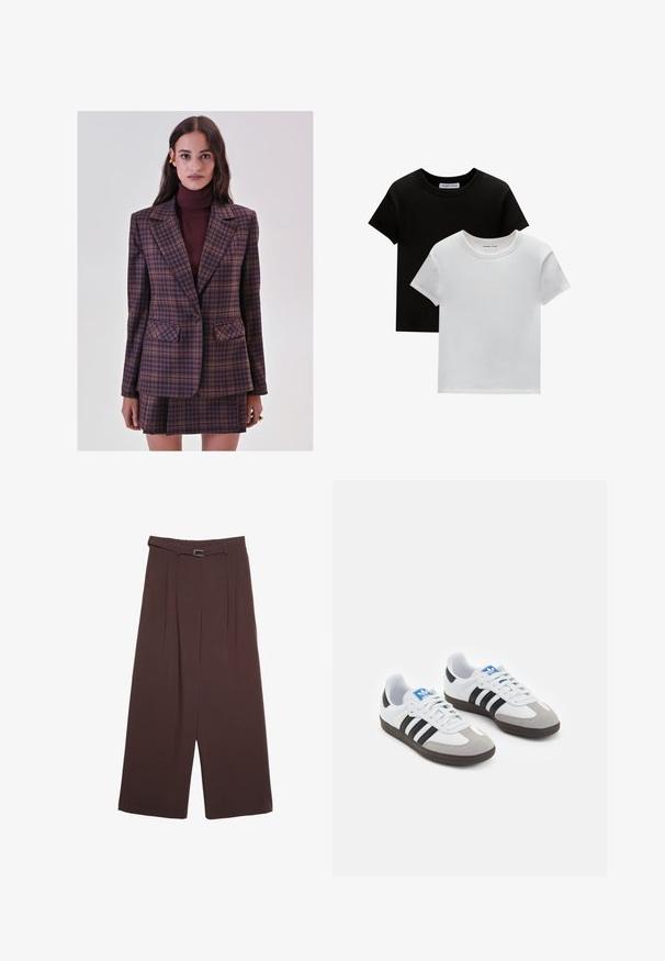 Frau trägt ein lila und braunes Karoblazer und einen passenden Wickelrock mit einem burgunderfarbenen Rollkragenpullover, stehend vor einem schlichten Hintergrund.; Zwei T-Shirts mit Rundhalsausschnitt in Schwarz und Weiß, aus Baumwolle. Sie haben kurze Ärmel und einfarbiges Design ohne Muster oder Akzente.; Stradivarius WIDE-LEG WITH BUCKLE DETAIL - Stoffhose - dark brown; Sportschuhe mit einem Obermaterial aus weißem Leder, grauer Wildleder-Zehenkappe und drei schwarzen Streifen. Sie verfügen über ein blaues Logo auf der Zunge und eine strukturierte Gummisohle.