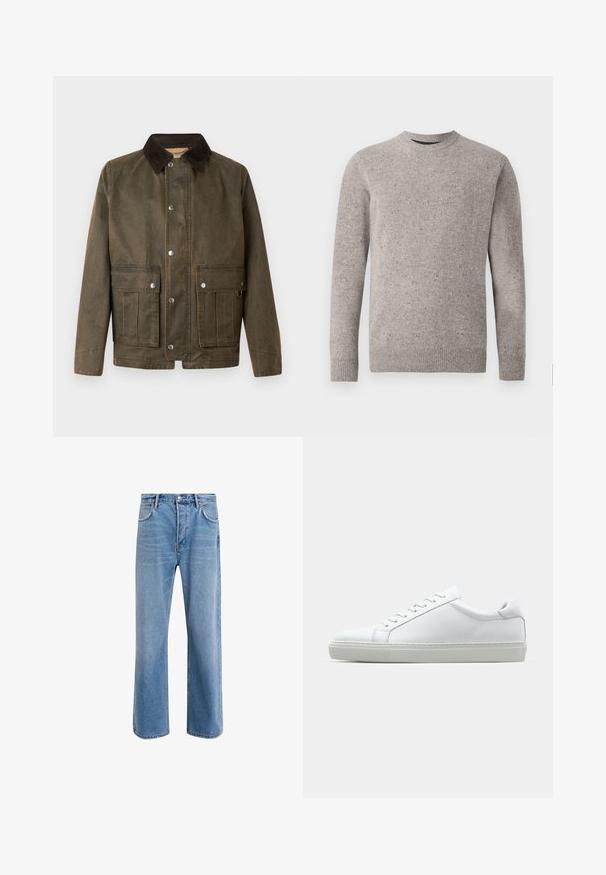 Brown canvas jacket featuring a dark corduroy collar, snap buttons, and two front pockets with stitched detailing.; Light gray knitted sweater with a crew neckline, long sleeves, and ribbed cuffs and hem. Textured pattern with flecks of color.; Light blue denim jeans with a straight-leg design, five pockets, button closure, minimal fading, and contrasting stitching details.; White sneaker with a smooth leather upper and a low profile. Features a rounded toe, six eyelets, and a textured rubber sole.
