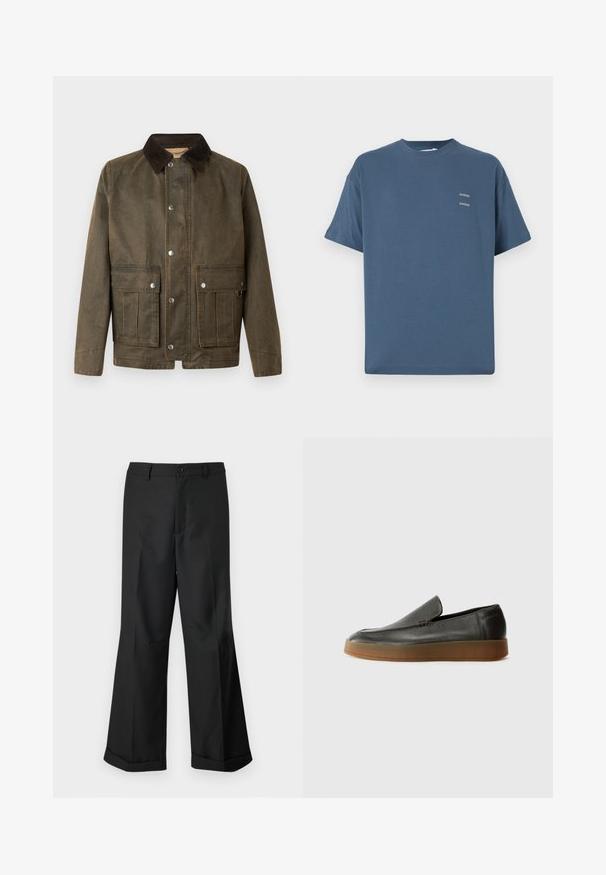 Hnědá plátěná bunda s tmavým kordovým límcem, patentními knoflíky a dvěma předními kapsami se šitými детaily.; Modrá bavlněná tričko s klasickým kulatým výstřihem, krátkými rukávy, volným střihem a dvěma malými potisky na hrudi. Hladká textura.; Černé kalhoty s širokými nohavicemi, s páskem na knoflíky a zakončením nohavic do manžet, vystavené na čistém bílém pozadí.; Calvin Klein HYBRID CUP - Polobotky - after dark