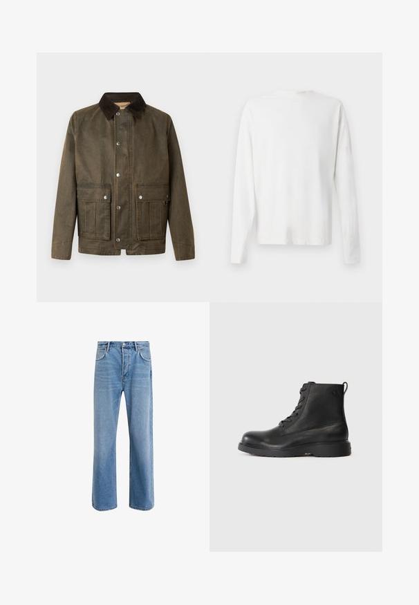 Jachetă din pânză maro, cu un guler din catifea întunecată, nasturi cu prindere rapidă și două buzunare frontale cu detalii cusute.; Cămașă albă din bumbac cu mâneci lungi, decolteu rotund, fante pe laterale la baza, cu o textură netedă, expusă din spate.; Jeans din denim bleu deschis cu un design drept, cinci buzunare, închidere cu buton, decolorare minimă și detalii de cusătură în contrast.; Botină neagră până la gleznă, confecționată din piele texturată, cu vârf rotund, design cu șirete și o talpă robustă din cauciuc negru. Dispune de un cârlig la călcâi.
