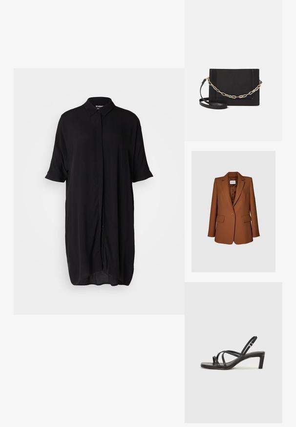 Barna, sima anyagból készült, szabott zakó, egyetlen gombbal záródik, rásimuló hajtókákkal és két elülső zsebbel rendelkezik. Bélelt belső résszel.; Fekete, rövid ujjú ingruha, könnyű anyagból készült. Gallérral, gombos elejével és laza, hosszúkás sziluettel rendelkezik.; Fekete pántos szandál négyzetes orral és alacsony blokk sarkal. Több vékony pánttal és állítható boka pánttal rendelkezik. Sima bőrből készült.; Fekete bőr keresztpántos táska, sima textúrával, téglalap alakú és fém lánc részlettel az elején. Állítható pánttal ellátva.