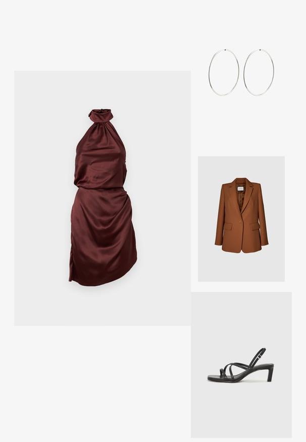 Pruun kohandatud bleiser, mis on valmistatud siledast kangast, ühe nööbiga lukuga, sälkidega kaelusega ja kahe eespool oleva taskuga. Vooderdatud siseosa.; Burgundy satiinhalli kaelusega kleit, millel on kokku volditud kaelus, hugav kehaosa ja rinnaosa, sealhulgas külgvarrukas. Sile tekstuur.; Mustast rihmajalatsid ruudukujulise varba ja madala ploki kontsaga. Omab mitmeid õhukesi rihmasid ja reguleeritavat pahkluu rihma. Valmistatud siledast nahast.; Hõbedased rõngaskõrvarõngad, millel on sujuv, ümmargune disain ja poleeritud viimistlus. Need on õhukesed ja kerged, omades lihtsat klambrit.