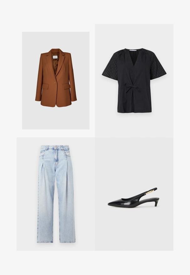 Pruun kohandatud bleiser, mis on valmistatud siledast kangast, ühe nööbiga lukuga, sälkidega kaelusega ja kahe eespool oleva taskuga. Vooderdatud siseosa.; Mustaga V-kaelusega must topp, lühikeste varrukatega ja sidumisvõimalusega taljes. Varustatud tekstuuriga, mustrilise kangaga varrukatel ja siledas kehakangas.; Heledad sinise denimist valmistatud teksapüksid kõrge vöökohaga, laia jala lõikega, kahe külje taskuga ja pleedi disainiga. Pehme tekstuur ja pleekinud viimistlus.; Mustad nahast slingback kontsad terava ninaga, millel on õhuke konts ja kuldse tooni aktsent reguleeritaval rihmal. Sile tekstuur.