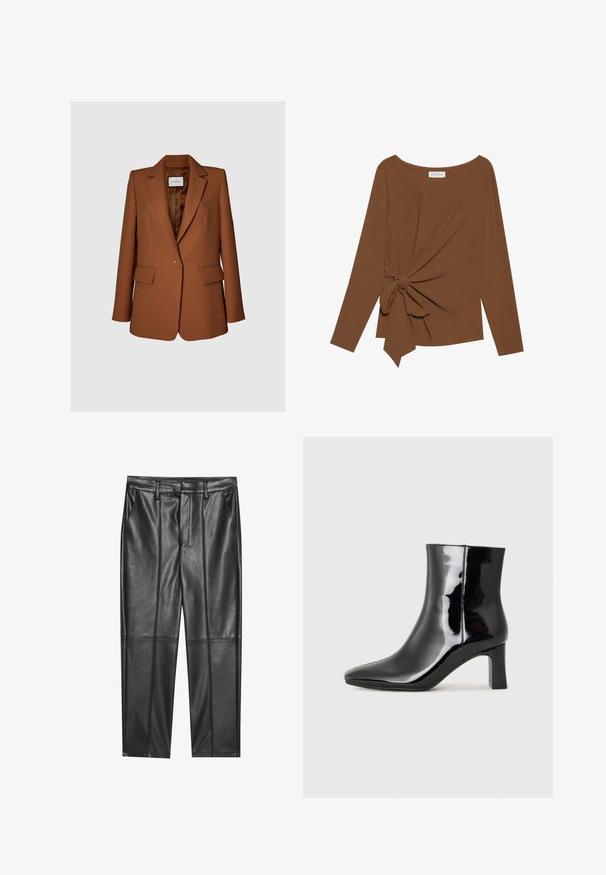 Sacou personalizat maro, dintr-un material neted, cu închidere printr-un singur nasture, rever zimțat și două buzunare frontale. Interior căptușit.; Cămașă lungă maro cu mâneci lungi, având un decolteu larg și un detaliu nod pe o parte, confecționată dintr-un material moale, texturat.; Pantaloni din piele neagră cu o textură netedă, având o croială dreaptă, două buzunare frontale și detalii vizibile ale cusăturilor.; Botine negre din piele lacuită, cu vârful ascuțit și toc bloc de înălțime medie. Textură netedă și design minimalist.