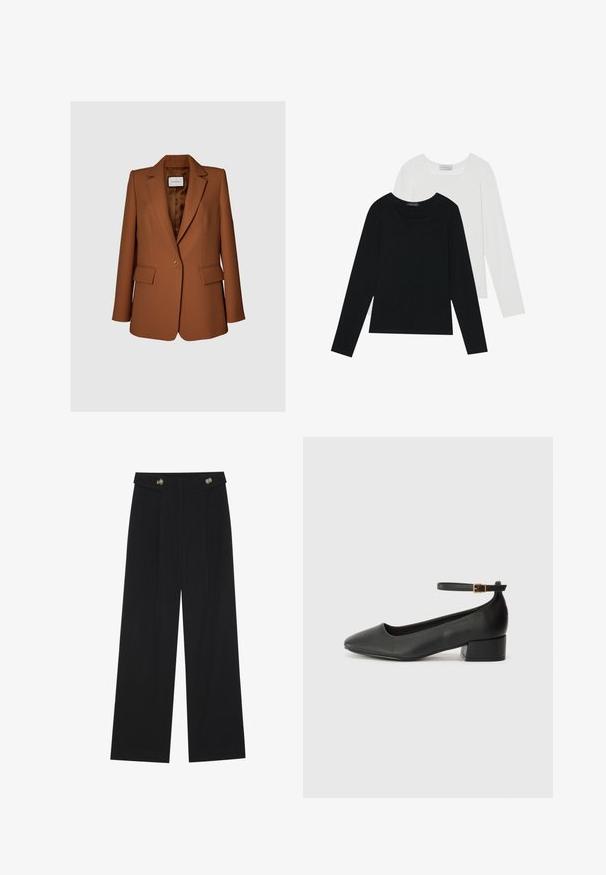 Barna, sima anyagból készült, szabott zakó, egyetlen gombbal záródik, rásimuló hajtókákkal és két elülső zsebbel rendelkezik. Bélelt belső résszel.; Két hosszú ujjú felső, az egyik fekete, a másik fehér, mindkettő négyzet alakú nyakkivágással rendelkezik, és puha, rugalmas anyagból készült.; Fekete, bő szárú nadrág magas derékkal, gombos részletekkel a derékrészen és elülső pliszékkal.; Fekete bőr magassarkú cipő hegyes orral és alacsony tömb sarkal. Bokapánttal rendelkezik, aranyszínű csattal. Simább textúra.