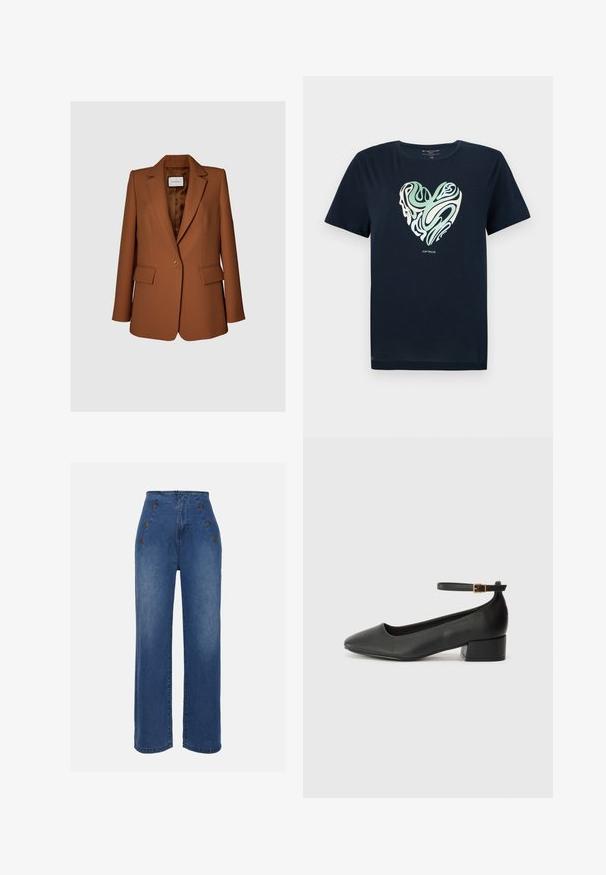 Brown tailored blazer made of smooth fabric with a single button closure, notched lapels, and two front pockets. Lined interior.; Navy blue cotton T-shirt with a heart-shaped graphic in green and cream swirl patterns. Crew neck, short sleeves, and a straight hem.; High-waisted denim jeans in medium blue. Features front button accents and wide-leg design. Fabric has a smooth texture with slight fading.; Black leather pump with a pointed toe and a low block heel. Features an ankle strap with a gold-tone buckle. Smooth texture.