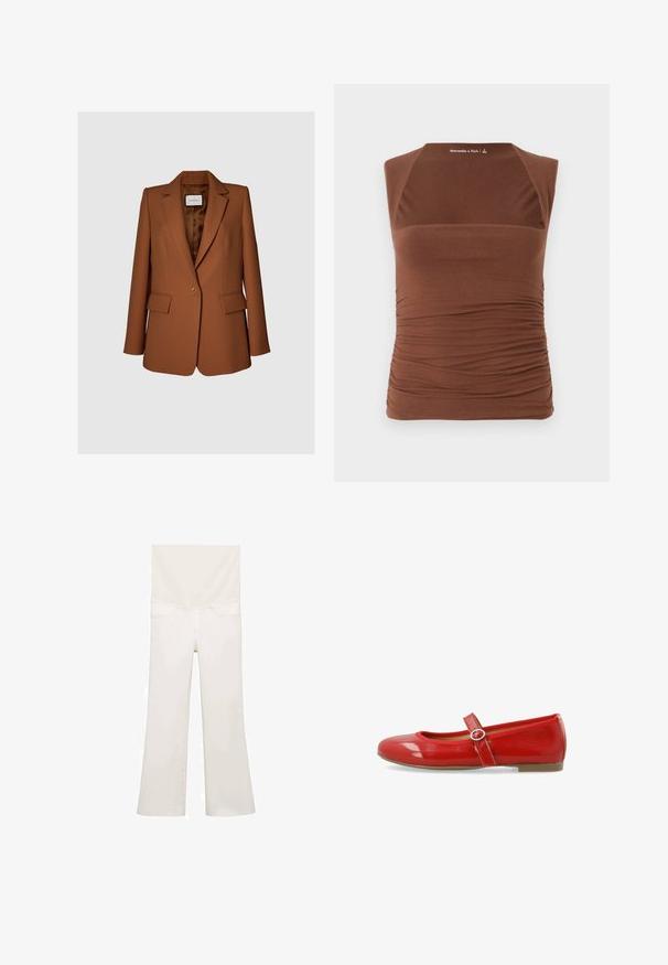Brown tailored blazer made of smooth fabric with a single button closure, notched lapels, and two front pockets. Lined interior.; Brown sleeveless top made of stretchy fabric, featuring a fitted design with gathered texture along the sides and a smooth finish at the front.; White flared jeans from the back, featuring a smooth texture, two back pockets, and subtle stitching details along the seams.; Red patent leather flat shoe with a rounded toe, a decorative strap with a circular buckle, and a smooth, glossy finish.