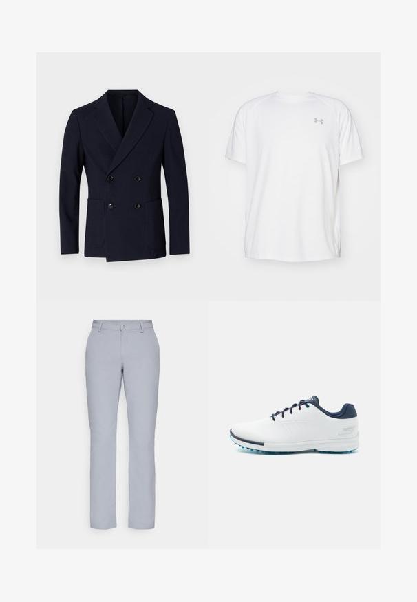 Tumedat topeltkootud blazers, millel on tekstureeritud viimistlus, terav krae, kaks esistikku ning kaks musta nööpi kinnihoidmiseks.; Valge lühikeste varrukate ja sportliku lõikega särk, millel on sile kangas. Omab ümarat kaelust ja halli logo vasakul rinnal, ning külgsuured lõhik kui lõhateel.; Heledad hallgrayd püksid, sirge lõikega, nööbiga sulgemine, esiosakud ja sile, tekstuuriga kangas. Minimalistlik disain, ilma mustriteta.; Valged spordijalanõud sileda sünteetilise ülemise osaga, siniste aksentidega, tekstureeritud tumesinise kontsaga ja kergest, narmastega tallaga hea haarduvuse tagamiseks.
