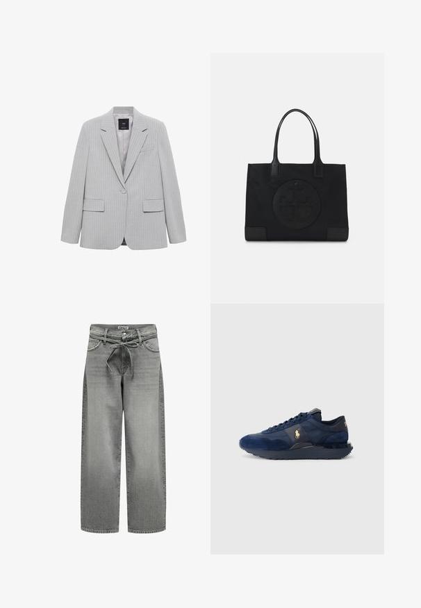 Grau gestreifter Blazer mit Reverskragen, einreihiger Knopfverschluss und zwei Fronttaschen. Mit glatter Fütterung und taillierter Passform.; Grau gestrickter Rollkragenpullover aus weichem Strickmaterial mit gerippten Bündchen und Saum. Verfügt über einen lockeren Schnitt und einen strukturierten Kragen.; Weißes Hemd mit Knopfleiste aus glattem Baumwollmaterial und klassischem Kragen, mit geradem Saum und beigen Knöpfen entlang der Vorderseite.; Weite graue Denim-Jeans mit einem Kordelzugbund und vorderen Taschen. Der Stoff hat eine leichte Textur und einen verblassten Finish.; Marineblaue Sportschuhe aus Wildleder und Mesh-Materialien, mit Gummisohle, Schnürdesign und einem goldenen Logoakzent.; Schwarze Tragetasche aus Stoff, mit einem auffälligen geprägten Logo in einem kreisförmigen Design. Glatte Oberfläche mit kontrastierenden Lederakzenten.