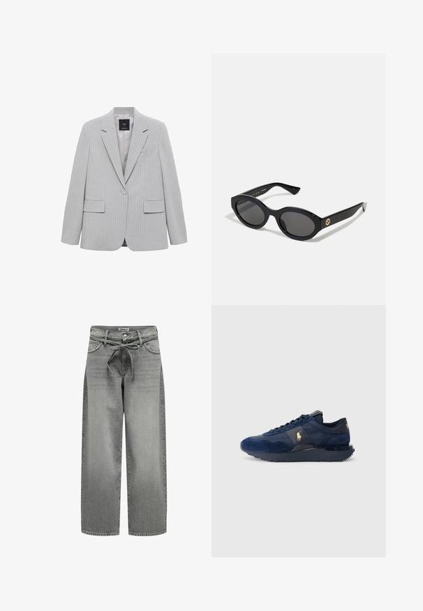 Harmaa viivallinen bleiseri, jossa on sahalaitainen kaulus, yksittäinen napitus ja kaksi etutaskua. Vaatteen sisäpinta on sileä ja se istuu hyvin.; Harmaan vilttipuseron turtleneck-malli, joka on valmistettu pehmeästä neulomasta materiaalista. Varusteena on ribbisaumat hihansuissa ja helma. Ominaisuuksiin kuuluu rento leikkaus ja jämäkkä kaula-aukko.; Valkoinen napapaita, joka on valmistettu sileästä puuvillasta, klassisella kauluksella, suoran helman ja vaaleanbeigeillä napeilla edessä.; Harmaat leveälahkeiset farkut, joissa on naru vyötäröllä ja etutaskut. Kangas on hieman teksturoitu ja siinä on haalistunut viimeistely.; Tummansiniset urheilujalkineet, joissa on mokka- ja verkkokankaita, muovipohja, nauhakiristys ja kultainen logoelementti.; Mustat soikeat aurinkolasit tummilla linsseillä ja kiiltävästä muovista valmistetulla kehällä. Varustettu kullanvärisellä logolla temppeleissä, tarjoten tyylikkään ja modernin muotoilun.; Mustan kangaskassi, jossa on selkeä kohokuvioitu ympyrälogo. Sileä pinta ja kontrastiväriset nahkaosiot.