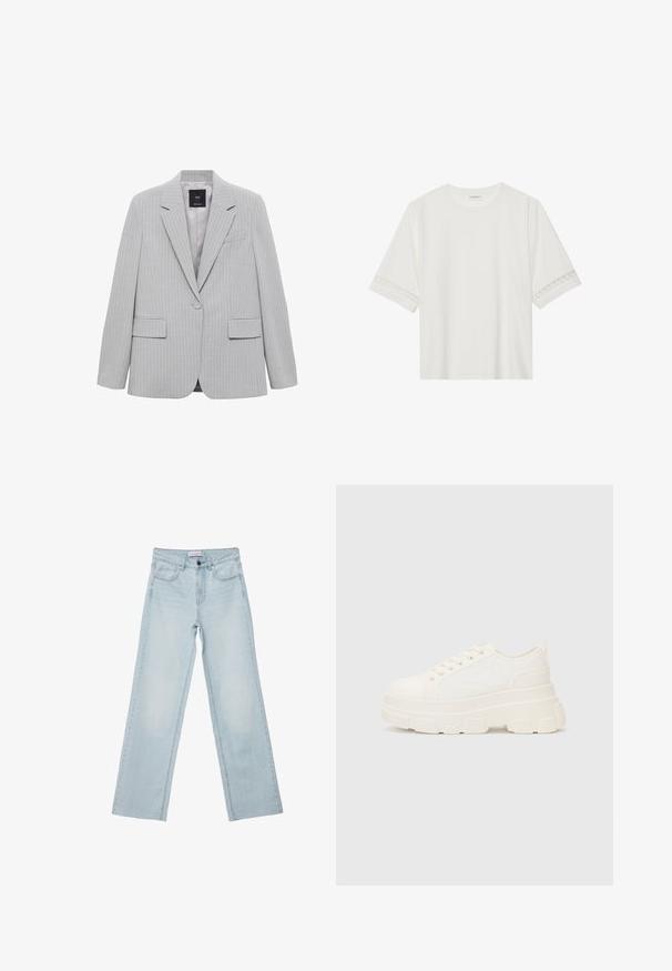 Blazer grigio a righe con rever a punta, chiusura a un bottone e due tasche frontali. Presenta una fodera liscia e una vestibilità su misura.; T-shirt bianco a maniche corte in cotone, con bordi in pizzo decorativi lungo le maniche e scollo rotondo.; Jeans a gamba larga di colore blu chiaro realizzati in denim. Presentano cinque tasche, un bottone sul davanti e dettagli sbiaditi. Taglio dritto classico con vestibilità ampia.; Sneaker bianca in tela con suola spessa, punta arrotondata e cinque occhielli per i lacci. Linguetta sul retro per una facile calzata. Texture liscia, design minimalista.