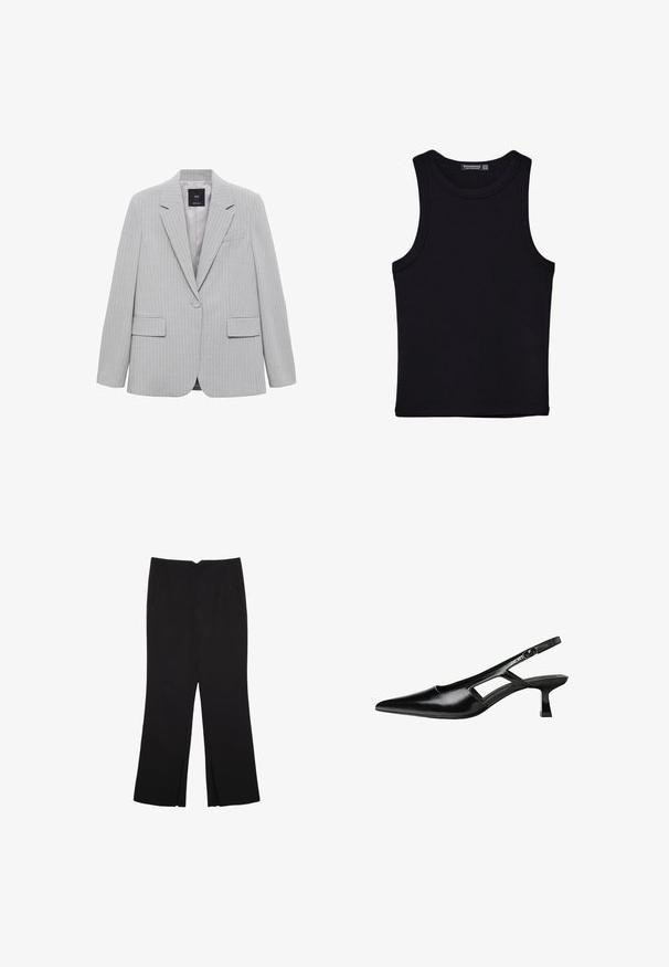 Sivi sako s prugicama, s reverima, pojedinačnim kopčanjem na gumb i dva prednja dzepa. Ima glatku podstavu i prilagođeni kroj.; Crni top bez rukava od pamuka, s okruglim izrezom i širokim izrezima za ruke. Glatka tekstura s ušivenim rubovima. Klasičan, minimalistički dizajn.; Crne hlače ravnog kroja, s prednjim džepovima i bočnim prorezima na rubu. Izrađene od mekog i glatkog materijala. Pogodne za razne prigode.; Crne lakirane natikače na remenčić sa špicastim nosom, dizajnom sa izrezima sa strane i malim kvadratnim potplatom. Glatka tekstura s minimalnim akcentima.