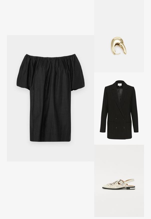 Sacou dublu, cu dungi negre, cu un finisaj satinat, rever în vârf și două buzunare frontale. Prezintă dungi verzi contrastante.; Top negru, fără umeri, realizat dintr-un material ușor, având un decolteu plisat și mâneci scurte, pufoase. Design simplu, fără ornamente.; Sandale slingback din piele albă cu multiple curele late și catarame argintii; talpă plată cu un mic toc negru și accente metalice.; Cercei din metal de culoare aurie cu un design elegant și curbat. Prezintă o formă distinctivă, ascuțită, o suprafață lustruită și un sistem de închidere cu balama.