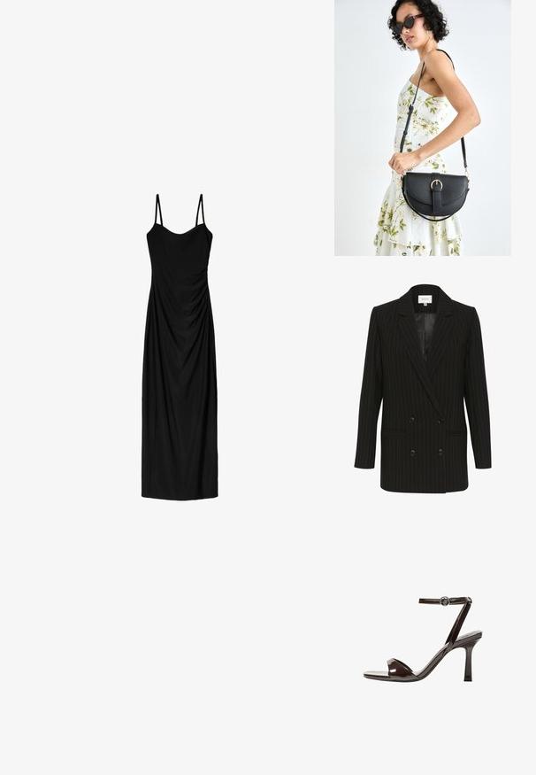 Musta viivapintainen kaksirivinen bleiseri, jossa on satiinikiilto, huippukaulukset ja kaksi etutaskua. Korostaa kontrastivihreitä viivoja.; Mustat midi-mekko, jossa on ohuet säädettävät olkaimet. Mekossa on liehuva muotoilu ja sileä pinta. Ei näkyviä kuvioita tai koristeluja.; Sandaalit korkean koronan ruskeasta mokkanahasta, jossa on nilkkaremmi, avonainen kärki ja tyylikäs, minimalistinen muotoilu. Varusteena neliön muotoinen korko.; Musta nahkainen käsilaukku, joka on kaareva muotoilultaan, irrotettavalla hihnalla ja kultaisilla yksityiskohdilla. Laukussa on läppä, jossa on solk yksityiskohta.