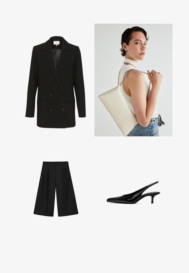 Black pinstriped double-breasted blazer with a satin finish, peak lapels, and two front pockets. Features contrasting green pinstripes.; Black short-sleeve V-neck T-shirt with a simple, fitted design on a white background.; Black wide-leg cropped trousers with pleats and belt loops, made from a smooth fabric.; Black pointed-toe slingback shoe with a glossy leather finish and a thin, low heel. Features a cutout on the side for breathability.; White rectangular clutch bag made of glossy material, featuring a silver chain strap. Model poses, showcasing the bag against a plain background.