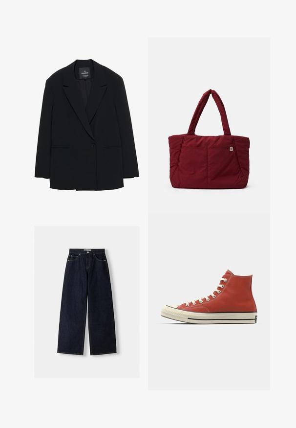 Black single-button blazer with notch lapels and two front slit pockets, labeled Pull&Bear, tailored fit.; Green and white plaid long-sleeve shirt with a collar, button front, and a slightly curved hem. Made from lightweight fabric with a textured finish.; Dark blue denim wide-leg jeans with a high waist, five pockets, contrast stitching, and silver metal hardware. Smooth texture and clean finish.; Red canvas high-top sneakers with white laces, rubber toe cap, and black stripe along the sole. Textured fabric and contrasting stitching details.; Red quilted tote bag with two sturdy handles, featuring a front pocket and distinctive texture, designed for durability and functionality.