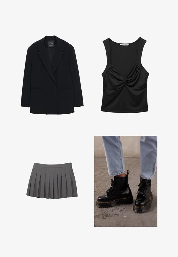 Svart blazer med en knapp, slagkrage och två framfickor, märkt Pull&Bear, skräddarsydd passform.; Svart ärmlös topp gjord av slätt tyg, med en vriden knutdetalj fram och en avslappnad passform. Rundad halsringning och breda axelband.; Grå plisserad minikjol med knäppt midja och en liten logobrodering på höger sida.; Svarta läderankelboots med en kraftig sula, rund tå, snören av satin, gula sömmar och en dragflik baktill.