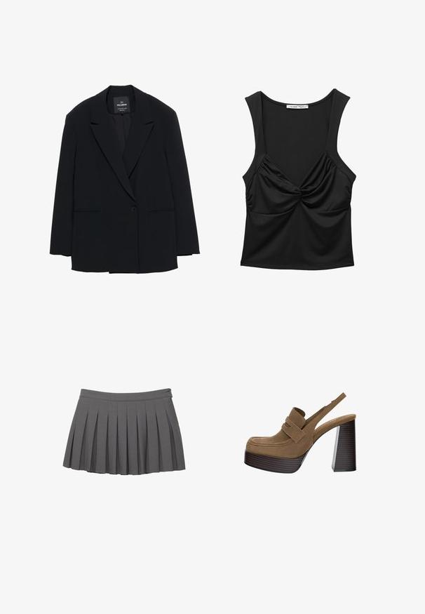 Musta yksirivinen bleiseri, jossa on viistot läpät ja kaksi etutaskua, merkittynä Pull&Bear, mukautettu istuvuus.; Musta hihaton toppi, joka on valmistettu sileästä kankaasta ja jossa on kierretty solmukohta edessä sekä rento istuvuus. Pyöreä kaula-aukko ja leveät hihnat.; Harmaa pliseeritud mini seelik nööbitava vöökohtaga ja väikese logoga kaunistus paremal küljel.; Ruske nubuk platformskih štikli s debelim, rebrastim blok petom i širokom trakicom preko gornjeg dela, s okruglim oblikom nožnog prsta.