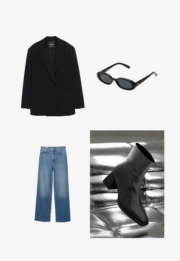 Sort single-knap blazer med klapkrave og to frontslidslommer, mærket Pull&Bear, tætsiddende pasform.; Hvid bomuld t-shirt med korte ærmer, rund hals og en glat tekstur. Bagsiden er ensfarvet uden ekstra mønstre eller designs.; Lyseblå denim bukser med vide ben og høj talje, to forlommer og diskret falmning ved lårene, med standard knap- og lynlås-lukning.; Sorte ankelstøvler lavet af glossy materiale med firkantet tå og spidse hæle, sat mod en skinnende sølv tuftet baggrund.; Store store