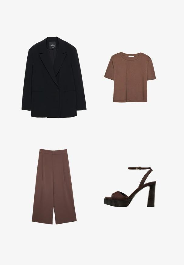 Blazer noir à bouton unique avec revers en pointe et deux poches fendues à l'avant, étiqueté Pull&Bear, coupe ajustée.; T-shirt marron à manches courtes en tissu doux, avec un col rond et une coupe décontractée. Aucun motif ni accent visible.; Pantalons larges marron avec une texture lisse, dotés d'une taille haute et de plis à l'avant. Le tissu est léger et tombe de manière fluide.; Sandale à talons hauts en suede marron avec un bout ouvert, une bride de cheville réglable et une semelle de plateforme rayée.