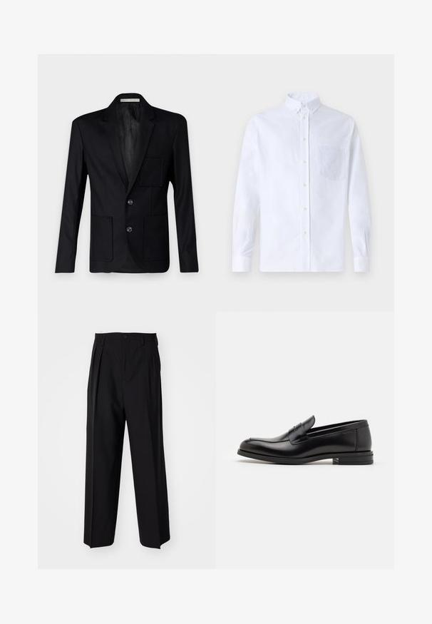Blazer noir en tissu texturé, avec un col cranté, trois boutons et deux poches avant ainsi qu'une poche poitrine.; Chemise blanche à manches longues avec boutons en coton, présentant une poche poitrine avec broderie ton sur ton, un col et des poignets boutonnés.; Pantalons plissés noirs avec un design droit et large. Fabriqués en tissu lisse, avec une fermeture à bouton et des passants de ceinture.; Mocassins en cuir noir avec une texture lisse, bout rond et une sangle décorative sur le dessus. Talon bas empilé, design minimaliste.