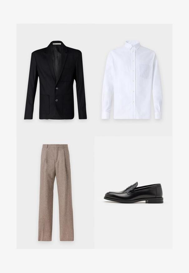 Must mustriga bleiser, millel on tekstuuriga kangas, lõhikuga krae, kolm nuppu ja kaks eesmist taskut koos ühe rinna taskuga.; Valge pikamaa varrukatega nööbiga särk, mis on valmistatud puuvillast ja millel on rinna tasku toon-toonis brodeeringuga, krae ja nööbiga mansetid.; Prunnid, kõrge vöökohaga püksid, mis on valmistatud tekstureeritud kangast. Omavad laiu jalgu ja kahte eesmist voldikut struktuuri jaoks. Korralik viimistlus, ilma nähtava riistvarata.; Mustad mustad nahast loafers sileda tekstuuriga, ümarat ninaosa ja dekoratiivne riba vampi üle. Madal kihiline konts, minimalistlik disain.