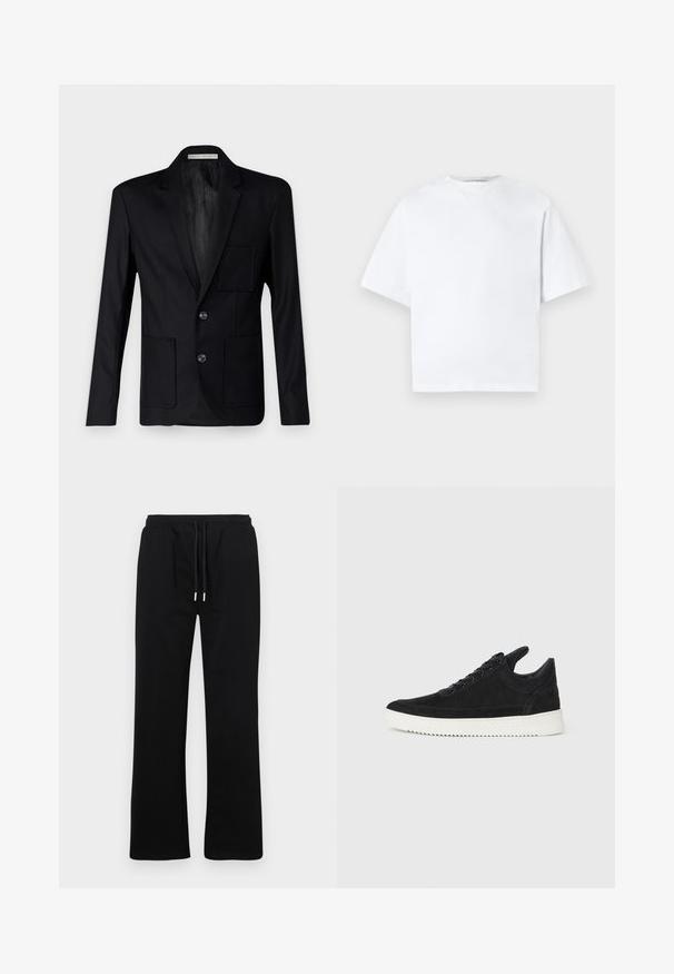 Blazer negru realizat dintr-un material texturat, având rever cu decupaj, trei nasturi și două buzunare frontale cu un buzunar pe piept.; Tricou alb din bumbac cu croială lejeră, mâneci scurte și decolteu ușor în V. Textură netedă, culoare uniformă și fără modele sau accente vizibile.; Pantaloni de trening negri cu talie elastică și șnur, având un design cu picior drept și o textură moale, netedă.; Sneakers negre din suede cu o talpă din cauciuc albă, prezentând cusături tonale și un design cu șireturi. Textură netedă cu o formă modernă și aerodinamică.