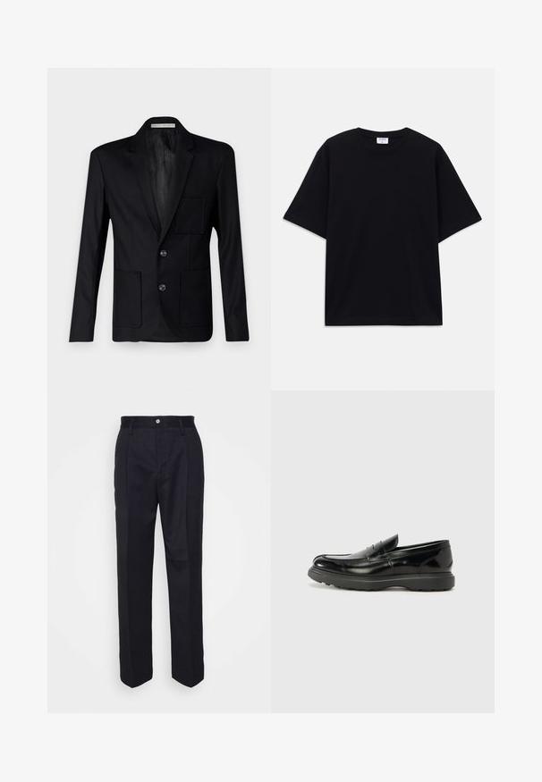 Black blazer made of textured fabric, featuring a notched lapel, three buttons, and two front pockets with a single chest pocket.; Black short-sleeve oversized T-shirt with round neckline and visible Filippa K brand label inside the collar.; Black tailored trousers with a straight-leg design, made of smooth fabric, featuring a front button closure and two side pockets.; Black leather loafer with a glossy finish, rounded toe, subtle stitching details, and a thick rubber sole for durability.