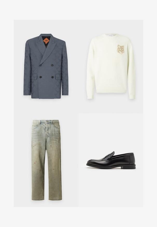 Dvouřadový blazer z tmavě šedé látky s jemným vzorem, s klopovými límci, dvěma předními kapsami a černými knoflíky.; Krémový svetr s kulatým výstřihem a dlouhými rukávy, s malou béžovou grafikou hlavy lišky na levé straně hrudníku, s žebrovanými manžetami a spodním lemem.; Odstřižené džíny v světle zelené barvě, se rovnými nohavicemi, pěti kapsami a nerovnoměrným vyblednutím s barevnými skvrnami.; Černé kožené polobotky s hladkou texturou, zaoblenou špičkou a zdobným páskem přes nárt. Nízký stohovaný podpatek, minimalistický design.