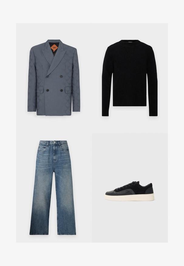 Dubbelzijdig colbert in donkergrijze stof, met een subtiel patroon, spitse revers, twee voorzakken en zwarte knopen.; Filippa K SWEATER - Trui - black; Blauwe denim wijdgerande jeans met een hoge taille, voorzien van subtiele vervaging, vijf zakken en een metalen knoopsluiting aan de voorkant.; Zwarte sneakers van een combinatie van glad leer en textuur-suède, met platte veters, een ronde neus en een crèmekleurige rubberen zool.