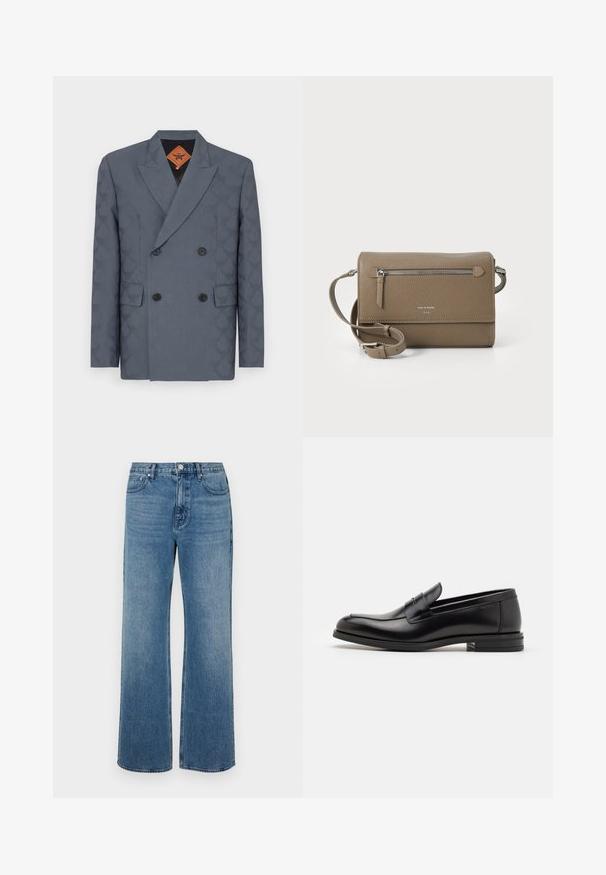 Dvojradový blejzer z tmavošedej látky, s jemným vzorom, klopovými reverami, dvoma prednými vreckami a čiernymi gombíkmi.; Čierna mikina s dlhými rukávmi a zlatým nápisom "Just Cavalli" cez hrudník, so žebrovanými manžetami a spodným lemom.; Džínsy s širokými nohavicami vo farbe modrej, vyrobené z denimovej látky s vyblednutým vzhľadom. Obsahujú päť vreciek, predné zapínanie na gombík a rovný strih.; Čierne kožené mokasíny s hladkou textúrou, zaoblenou špičkou a dekoračným pásikom cez priehlavok. Nízky vrstvený opätok, minimalistický dizajn.; Taupe kožená crossbody taška so zipsovým predným vreckom, nastaviteľným popruhom, textúrou z granitového kameňa a embosovaným logom na prednej strane.