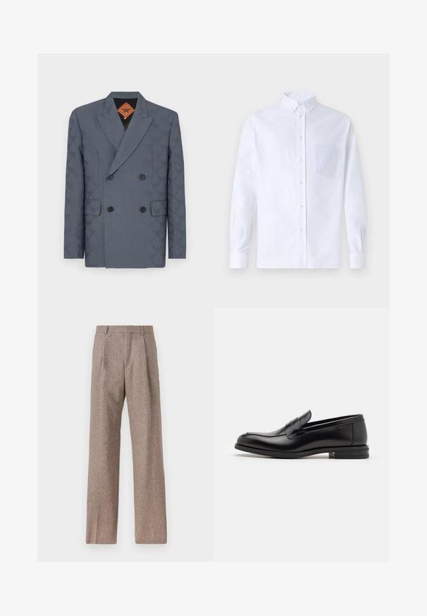 Tumehallist kangast topeltkrõpsuga bleiser, millel on peen muster, sisselõigatud krae, kaks esistikku ja mustad nupud.; Valge pikamaa varrukatega nööbiga särk, mis on valmistatud puuvillast ja millel on rinna tasku toon-toonis brodeeringuga, krae ja nööbiga mansetid.; Prunnid, kõrge vöökohaga püksid, mis on valmistatud tekstureeritud kangast. Omavad laiu jalgu ja kahte eesmist voldikut struktuuri jaoks. Korralik viimistlus, ilma nähtava riistvarata.; Mustad mustad nahast loafers sileda tekstuuriga, ümarat ninaosa ja dekoratiivne riba vampi üle. Madal kihiline konts, minimalistlik disain.