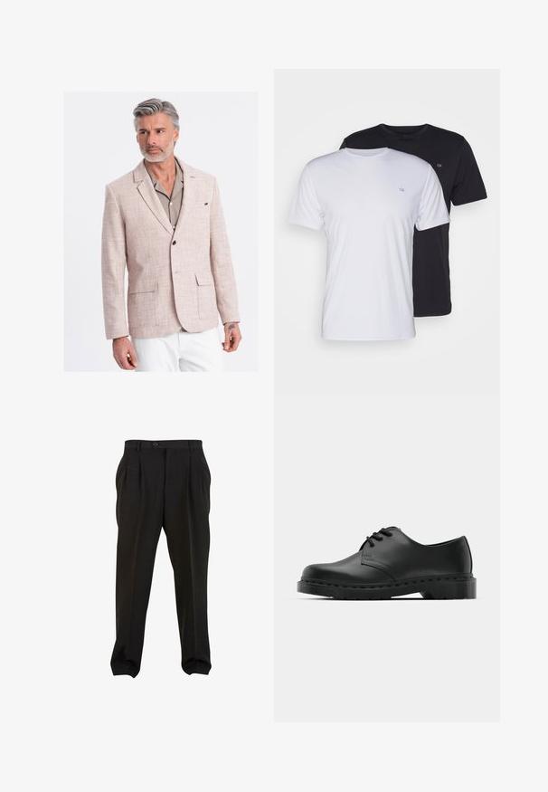 Lichtbeige linnen blazer met een gestructureerde afwerking, sluiting met één knoop, notch-revers en twee zakken aan de voorkant. Gestyled over een grijze shirt.; Twee katoenen t-shirts in het wit en zwart, met korte mouwen en ronde halsen, voorzien van een klein logo op de borst, met een soepele textuur.; Zwarte broek van gladde stof, met voorplooien, een knopenband en taps toelopende enkelboorden. Klassieke taillering.; Zwarte leren oxford schoenen met vetersluiting, ronde neus, platte rubberen zool en subtiele stiksel details langs het bovenwerk.