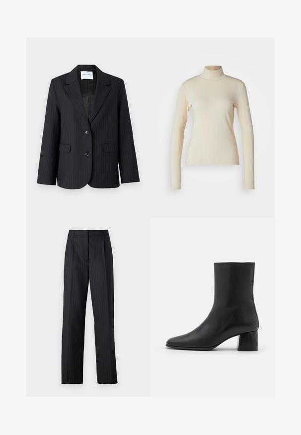 Mustvalge pinstripe bleiser, millel on struktuurne disain, sälguga krae, kaks esikot ja üksik nööp sulgemiseks. Sile sisemine vooder.; Kreemivärvi pikkseeliku kaelusega pikka varrukatoppi, mis on valmistatud siledast, venivast kangast; keha lähedane lõige kõrge kaelusega ja ilma nähtavate mustrite või detailideta.; Kohandatud mustad püksid, millel on triibud, sirge jala disain, pressitud voldid ja traditsiooniline vöökoht. Sile kangatextuur.; Must musta ankle boot terava nina ja turske ruudukujulise kontsaga. Sile tekstuur, sujuv disain ja minimaalne õmblus.