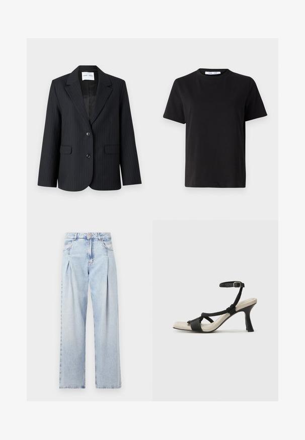 Mustvalge pinstripe bleiser, millel on struktuurne disain, sälguga krae, kaks esikot ja üksik nööp sulgemiseks. Sile sisemine vooder.; Must have lühikeste varrukatega t-särk, mis on valmistatud pehmest puuvillast, ümmarguse kaelusega, lõdva sobivusega ja sileda tekstuuriga. Ei ole nähtavaid mustreid ega graafikat.; Heledad sinise denimist valmistatud teksapüksid kõrge vöökohaga, laia jala lõikega, kahe külje taskuga ja pleedi disainiga. Pehme tekstuur ja pleekinud viimistlus.; Mustad musta kontsaga sandaal, millel on punutud rihma disain, ruudukujuline varvas ja reguleeritav pahkluu rihm. Heleda beeži värvi jalapadi ja läikiv must konts.